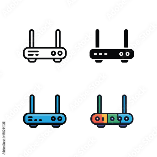 Wireless router and modem icon set with antennas, wifi signal, network internet connection, home office broadband, technology dashboard graphics