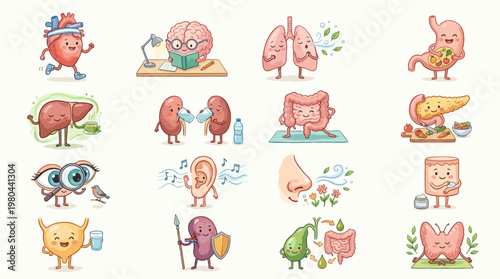 Cute human organs and body parts set with cartoon faces and playful poses, colorful medical vector collection for anatomy education and healthcare design