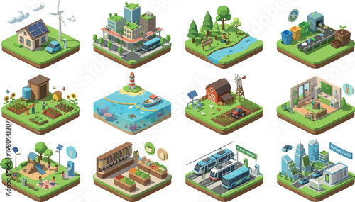 Sustainable living and eco friendly practices isometric illustrations