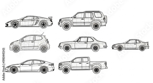 Collection of Hand Drawn Vehicle Illustrations in Black and White.