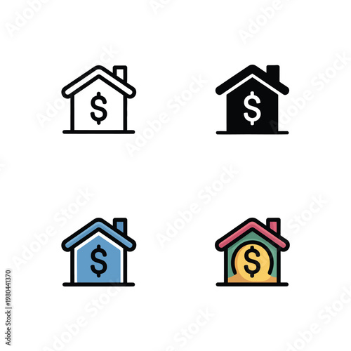 Mortgage house icons set, home with dollar symbol, real estate loan seminar, property investment workshop, first time buyer guide vector