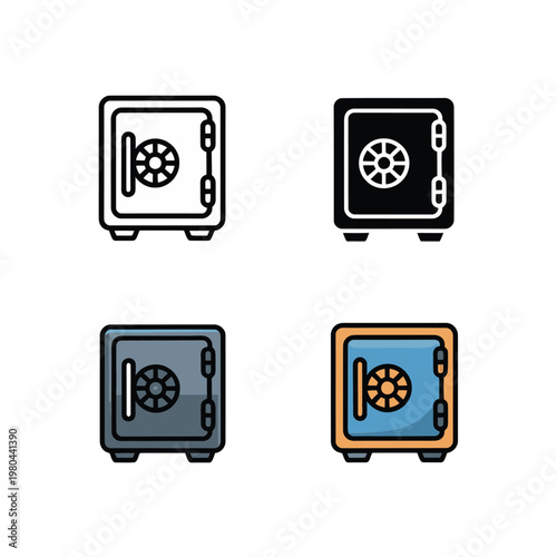 Security vault icons set, bank safe collection, deposit locker variations, storage graphic, finance compliance workshop, branch audit session, vector design