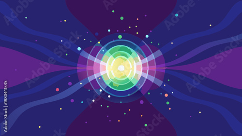 Vibrant energy core illustration with colorful concentric circles and radiant beams on a starry purple background symbolizing power and technology
