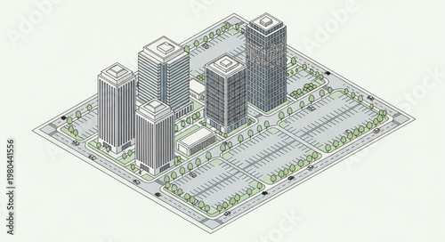 Detailed Architectural Model of a Modern Cityscape with Skyscrapers.
