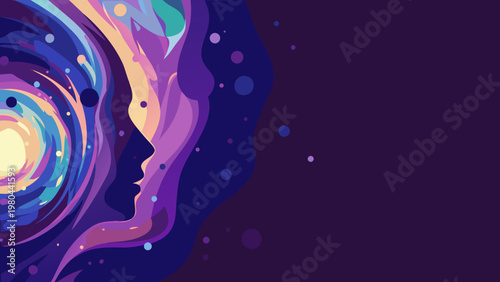 Futuristic abstract illustration of a human head with swirling colorful cosmic patterns and stars on a dark purple background representing technology and space exploration