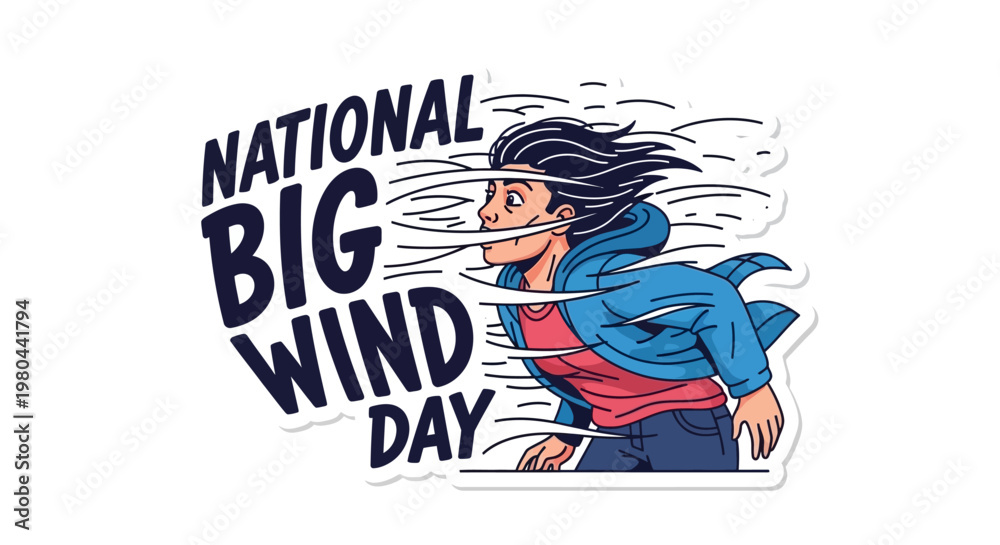 Fototapeta premium A digital illustration depicts National Big Wind Day with a cartoon man struggling against a strong blowing wind effect, rendered in a vibrant, flat style against a clean white background