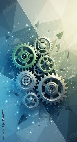 Gears Interlocking: A 3D Render of Metallic Mechanisms in Geometric Light