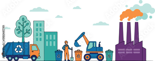 Eco friendly waste management and recycling in a modern city with industrial background