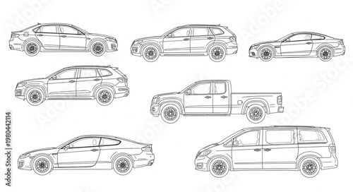 Collection of Hand Drawn Vehicle Silhouettes on White Background.