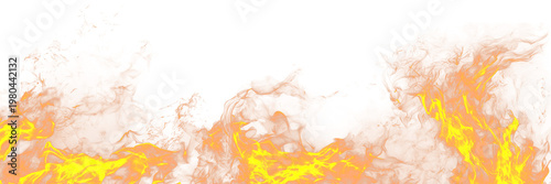 Banner size orange and yellow realistic fire flame on transparent background. Flaring fire blaze