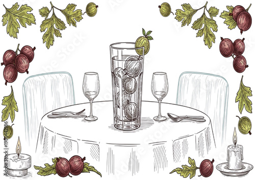 Elegant hand-drawn illustration of a dinner table set for two with a refreshing berry cocktail, framed by gooseberry branches and candlelight