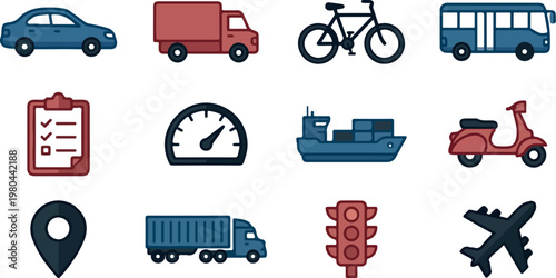 Transportation modes and logistics icons set including cars trucks bicycles buses ships airplanes