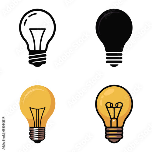 Bulb icons collection, outline solid glowing styles, energy saving campaign, green office poster, electricity safety workshop, vector illustration, design resource