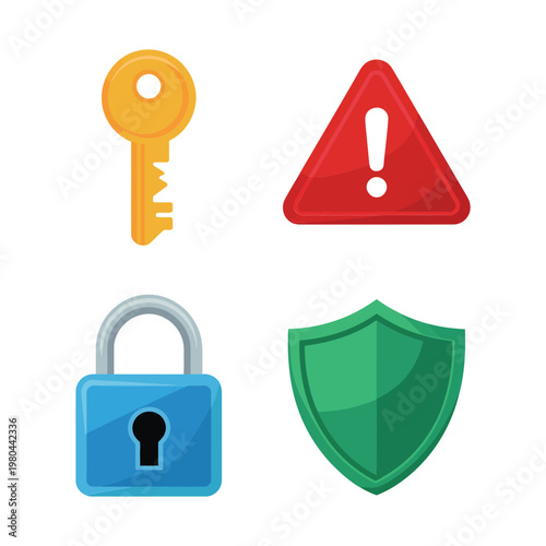 Security icons set, key padlock shield warning sign, cyber safety workshop, data protection, privacy awareness campaign, antivirus training, vector design