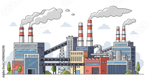 Industrial factory with smoking chimneys and complex structures.