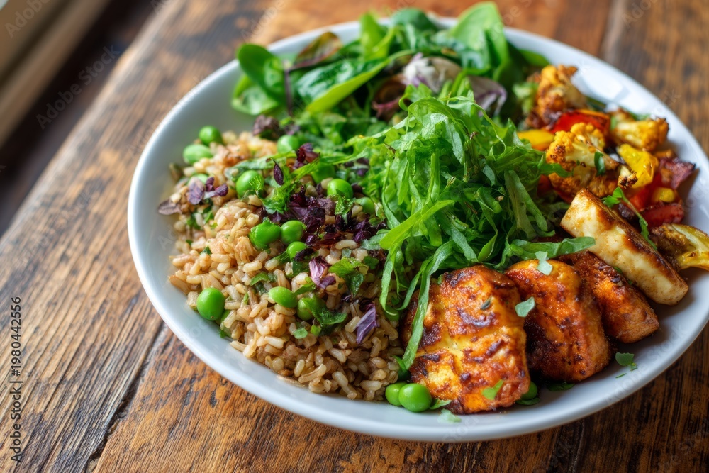 Fototapeta premium Colorful Balanced Vegan Plate with Grains, Greens, and Roasted Elements