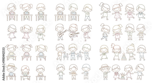 Cute cartoon kids learning and creative activities vector set with children drawing music and science isolated on white