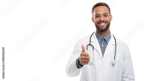 Male doctor giving thumbs up on the left side of the frame, isolated on pure white background, smiling confidently, studio lighting, clean composition