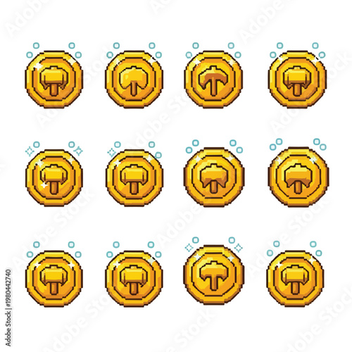 A set of twelve pixel art gold coins featuring a hammer symbol, with varying highlights and sparkling effects, set against a white background.
