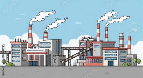 Industrial factory complex with smoking chimneys under a blue sky.
