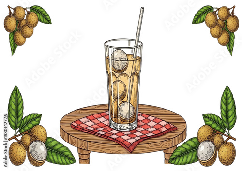 Vintage-style Hand-drawn Illustration of Refreshing Iced Drink Served on Wood with Exotic Longan Fruit Frame