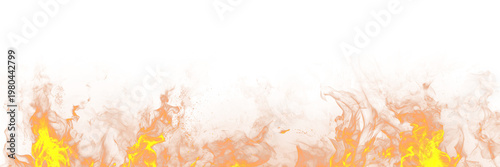 Banner size orange and yellow realistic fire flame on transparent background. Flaring fire blaze