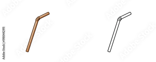Flexible drinking straw colored illustration and black line art objects represent disposable beverage accessory for sipping liquids on a white background without texture
