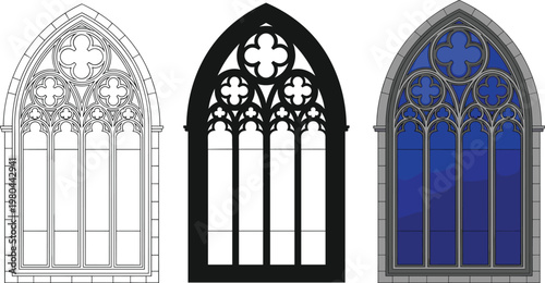 Detailed flat vector illustration set of gothic church windows with ornate stone tracery in line art, silhouette, and blue glass.