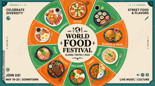 World food festival poster with circular layout of international dishes, colorful cuisine illustration for restaurant events, street food promotion and global culinary celebration