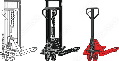 Manual pallet jack, hydraulic stacker set, flat vector illustration, industrial warehouse equipment, forklift icons, lifting machinery, black outline and red colors
