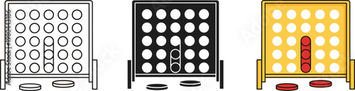 Set of four in a row tabletop board game icons featuring line art, solid black silhouette, and colorful flat vector illustrations.