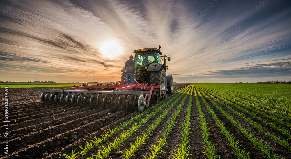 Fototapeta premium Farmer operating tractor with disk harrow on fertile soil preparing land for crops bright sun illuminating dramatic clouds in sky agricultural process rural setting.