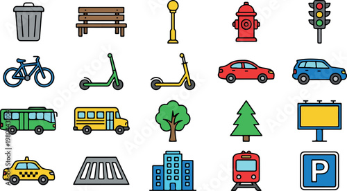 Urban City Infrastructure Transportation Icons Set