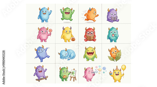Cute monster collection with colorful cartoon creatures in funny poses and expressions, playful vector set for kids stickers, games and nursery decor