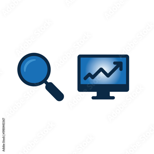 Search analytics icon, magnifying glass with market trend screen, seo training session, keyword research class, website performance report, vector illustration