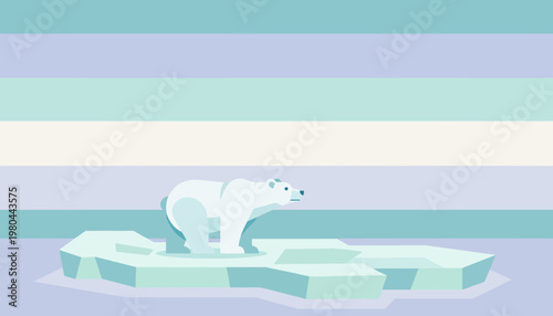 A minimalist illustration of a polar bear on an iceberg, set against a backdrop of serene pastel stripes