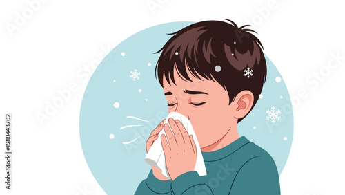 Cartoon of a young boy sneezing into a white tissue with floating snowflakes in the background symbolizing winter illness and common cold.