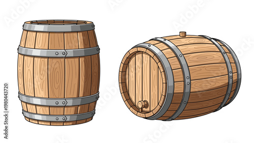 Two classic wooden barrels with metal bands one standing upright and the other on its side for wine or whiskey storage and aging themes.