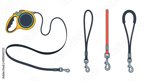 Set of various dog leashes including a yellow retractable model and classic strap styles with metal clips for pet walking and control.