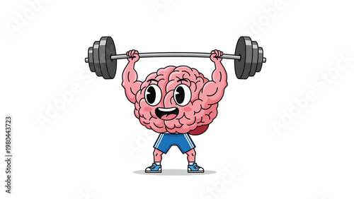 Anthropomorphic brain character with muscular arms lifting a heavy barbell in a gym setting for mental strength and cognitive health concepts.