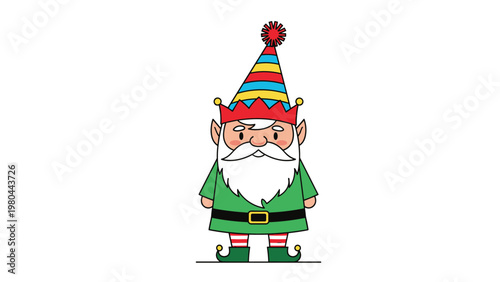 Traditional cartoon christmas elf character with a long white beard tall striped hat and green tunic standing on a white background for holidays.