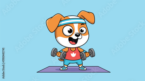 Strong cartoon puppy dog character wearing a headband and tank top lifting dumbbells while standing on a mat against a blue background.