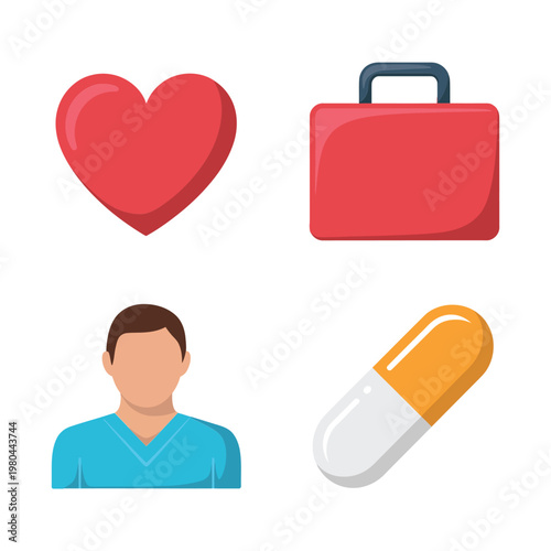 Medical assistance pack with heart icon, work briefcase, male avatar and capsule, health insurance benefits illustration for clinics and hospitals