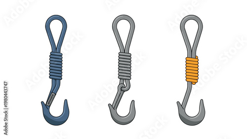 Three different metal hooks with industrial rope and wire attachments in blue gray and orange for lifting and securing heavy loads.