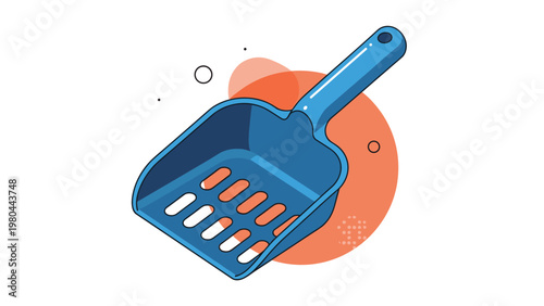 Blue plastic litter box scoop with a long handle and drainage slots against a white background with an orange abstract shape.