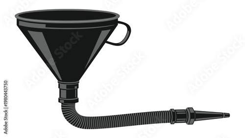 Black plastic funnel with a flexible nozzle and handle designed for liquid transfer in automotive or household maintenance tasks.