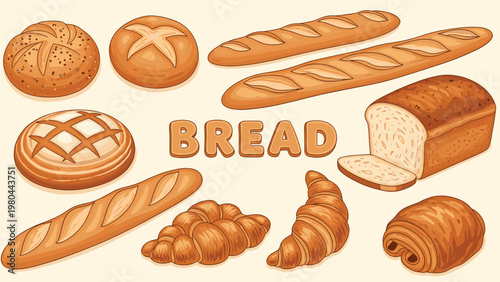 Diverse selection of bakery products including baguettes loaves croissants and rolls with the word bread in the center for bakery shops.