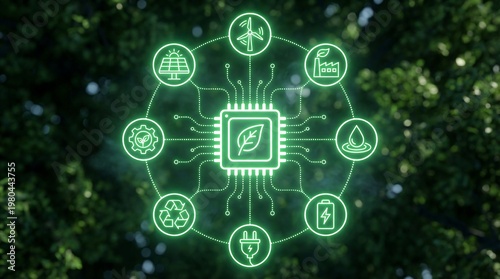A vibrant neon circuit board with a prominent leaf symbol at its core connects diverse renewable energy icons against blurred green foliage.