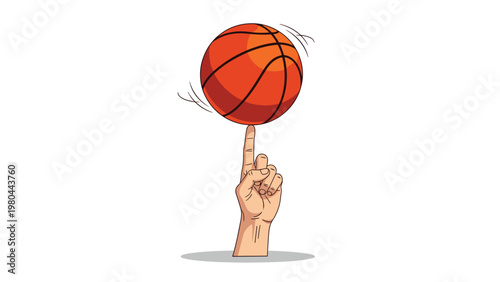 Skilled hand expertly spinning a vibrant orange basketball on its index finger with motion lines indicating fast rotation speed.