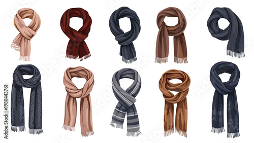 Assorted collection of ten winter scarves in various colors like brown, grey, beige, and navy with different patterns and fringes.
